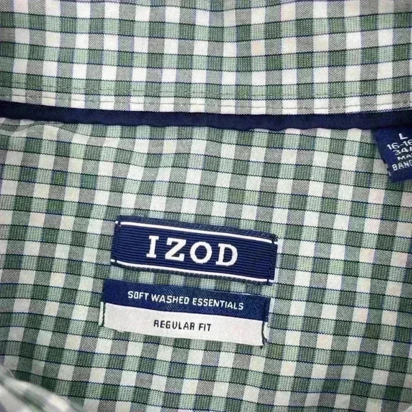 Izod Men’s Soft Wash Essentials Button Up Shirt Large 16/16.5 34/35 Green Plaid - Picture 2 of 11